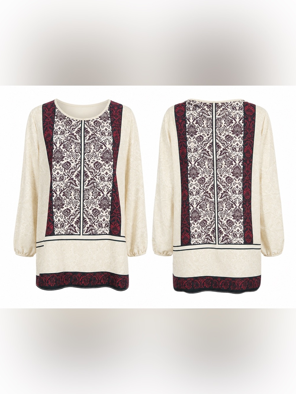 Cato Cream, Black and Burgundy Lace Accent Blouse/ Medium